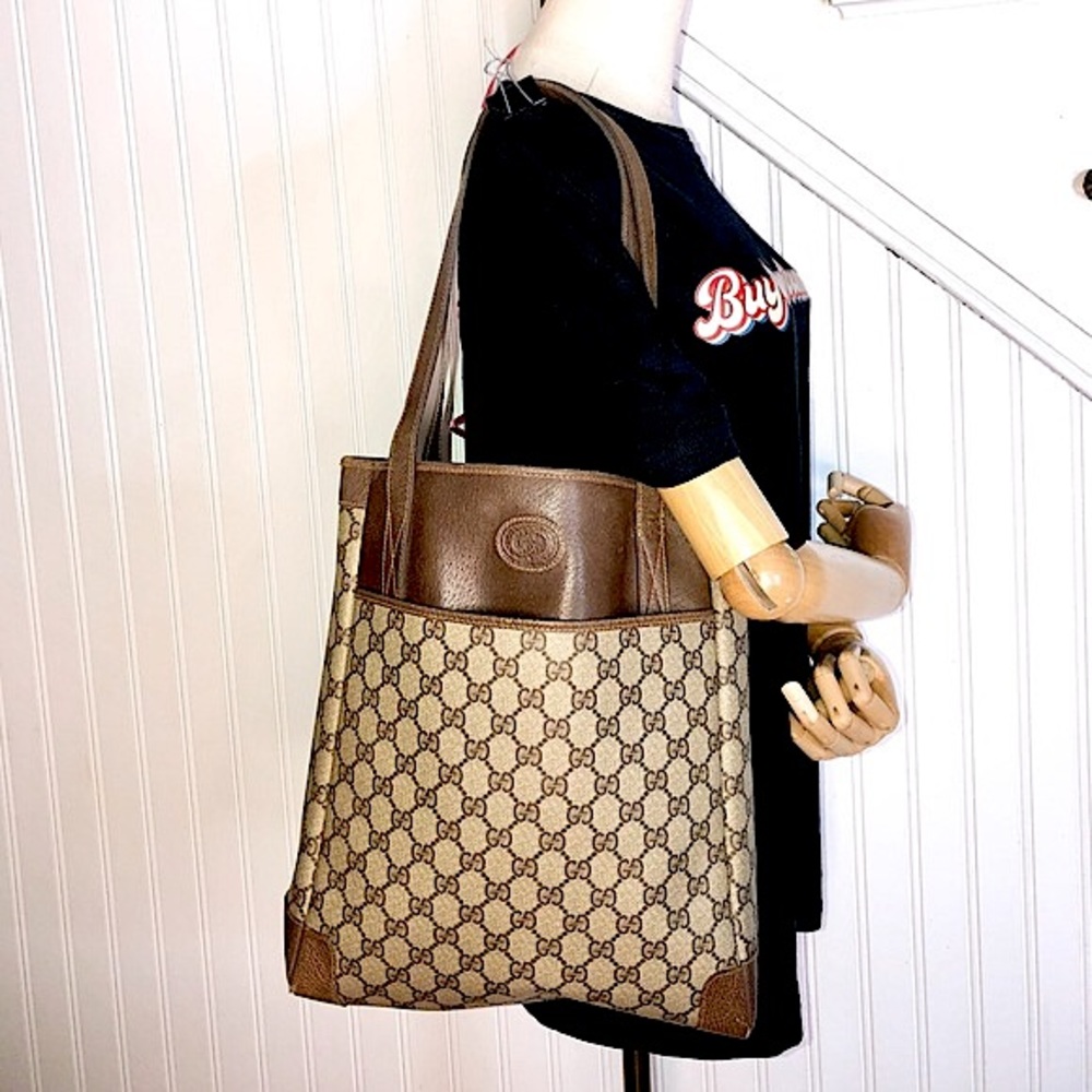Vintage GUCCI GG Supreme Shoulder Bag Brown Leather Handles & Leather Corners - Picture 1 of 16